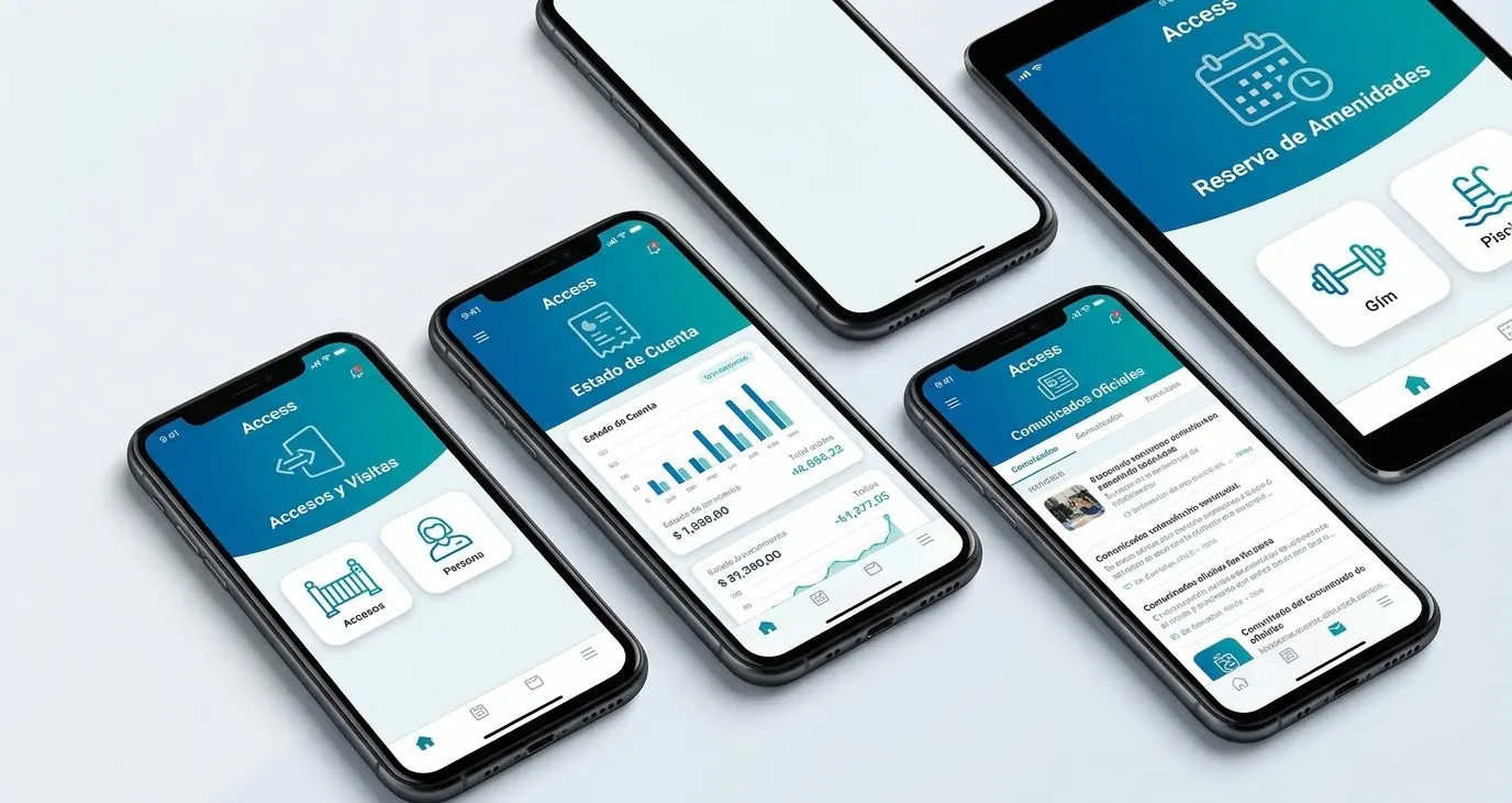 Pantallas de la app: accesos, estado de cuenta, comunicados y amenidades